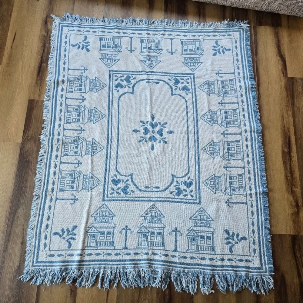 Vtg 80s/90s Blue Victorian House Woven Throw Blanket Hearts Country Cottagecore‎